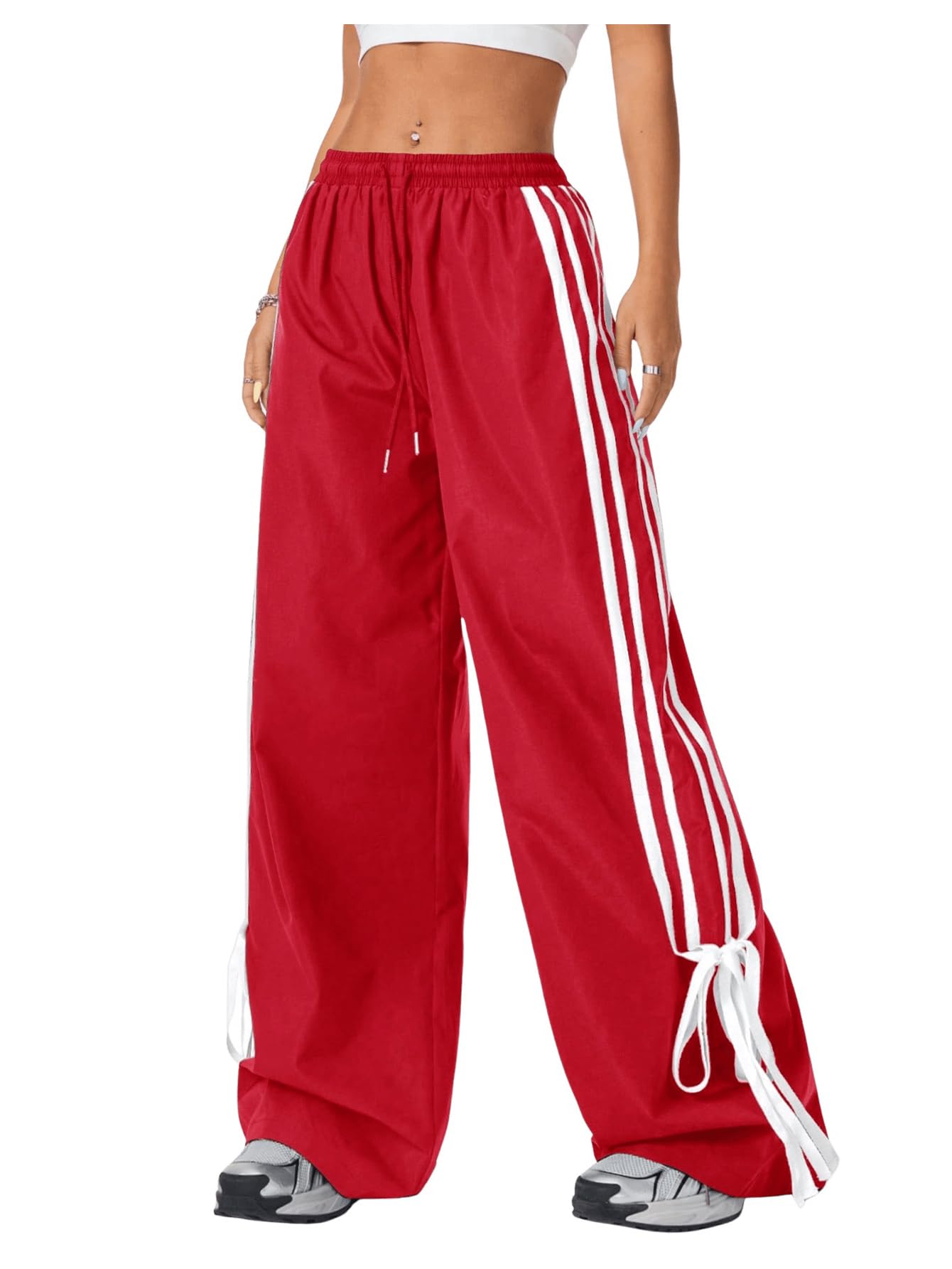 Photo 1 of BEAUDRM Women's Y2K Baggy Bow Wide Leg Pants Striped Track Elastic Waist Long Sweatpants Parachute Pants Light Red Medium