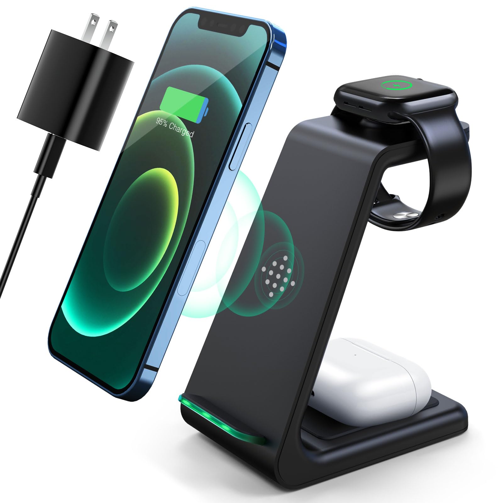 Photo 1 of 3 in 1 Wireless Charging Station, 2025 Upgraded Fast Desk Charger Station for iPhone 17 16 15 14 13 12 Pro Max Plus, Charger Stand for Apple Watch 10 9 8 7 6 5 4 3 2 SE, Airpods 4 3 2 Pro(Black)