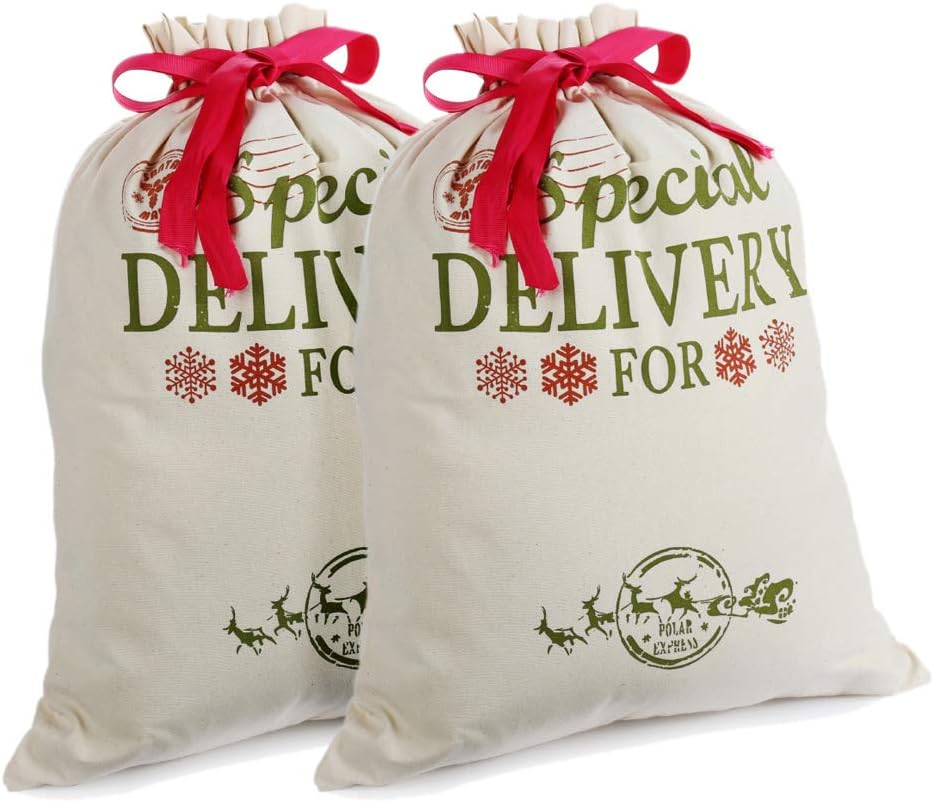 2 Pack Santa Sacks Personalised Canvas Bags Small Medium with Red Drawstring for Xmas Stockings Stuffers Presents Holder & Party Decorations For kids (18.9’’ X 14.4’’)