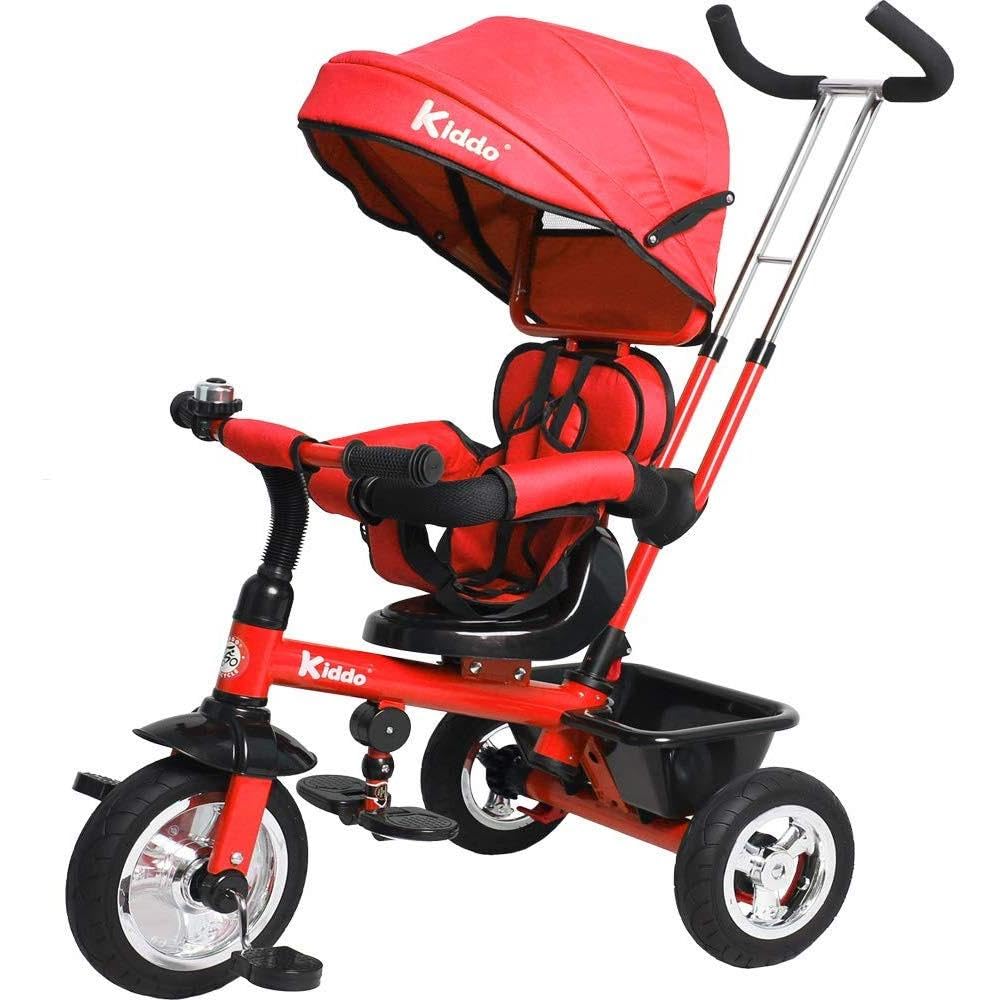Kiddo Smart 4 in 1 Kids Children Trike Tricycle with Rotating Seat, Rear Brake and Sun Canopy (Red)