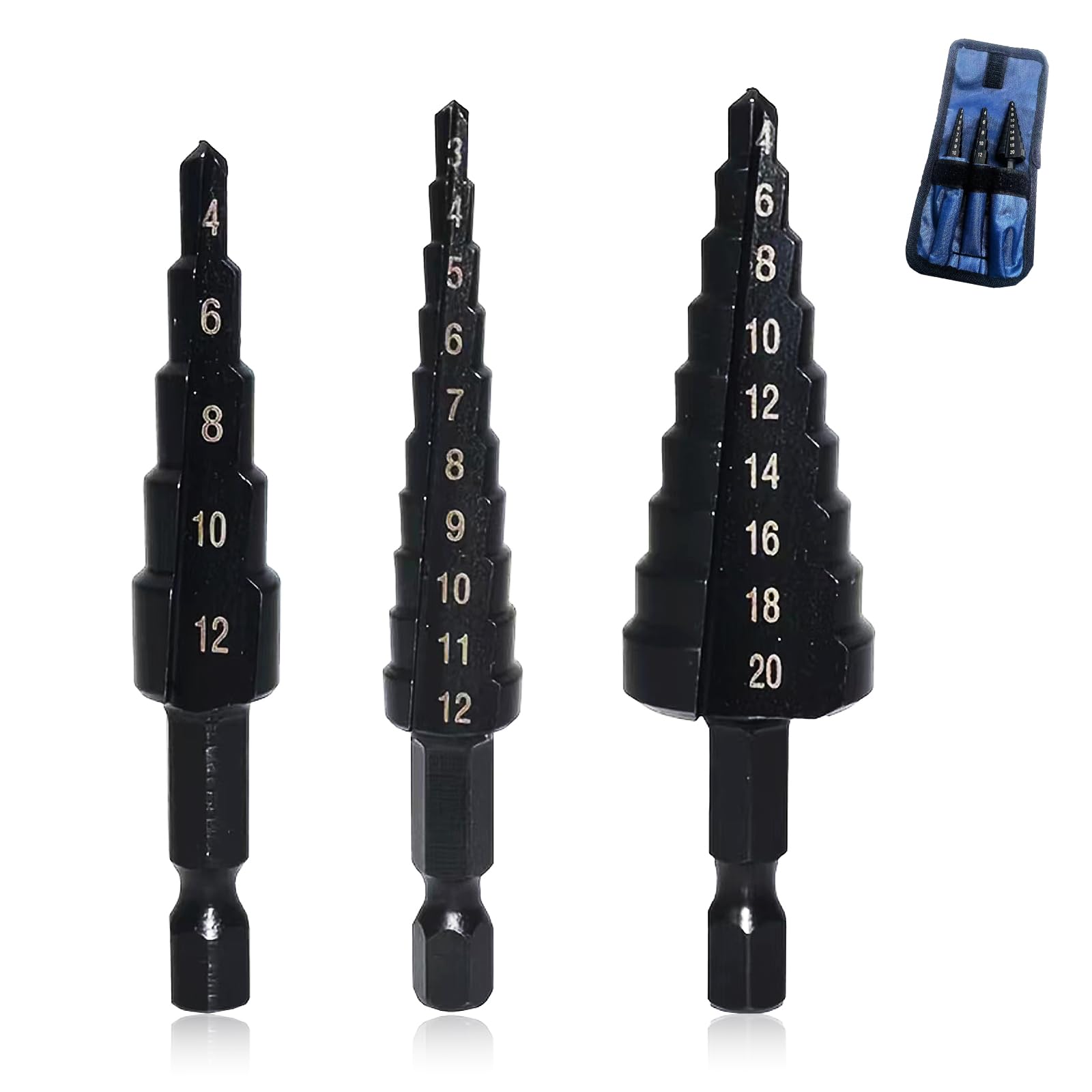 Step Drill Bit Set with 1/4 Inch Hex Shank Black Nitride Coated Cone Drill Bit Set Handy Woodworking Carpentry Tool with Storage Bag- (4-12mm/3-12mm/4-20mm) 3 pcs