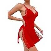 Foxiny Sexy Split Side Floral Lace Trim Full Slip Night Gown Babydoll Lingerie Dress with Thong 2 piece
