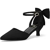 Carcuume Women's Kitten Heels with Bow Closed Toe Sandals Ankle Strap Wedding Pump Shoes