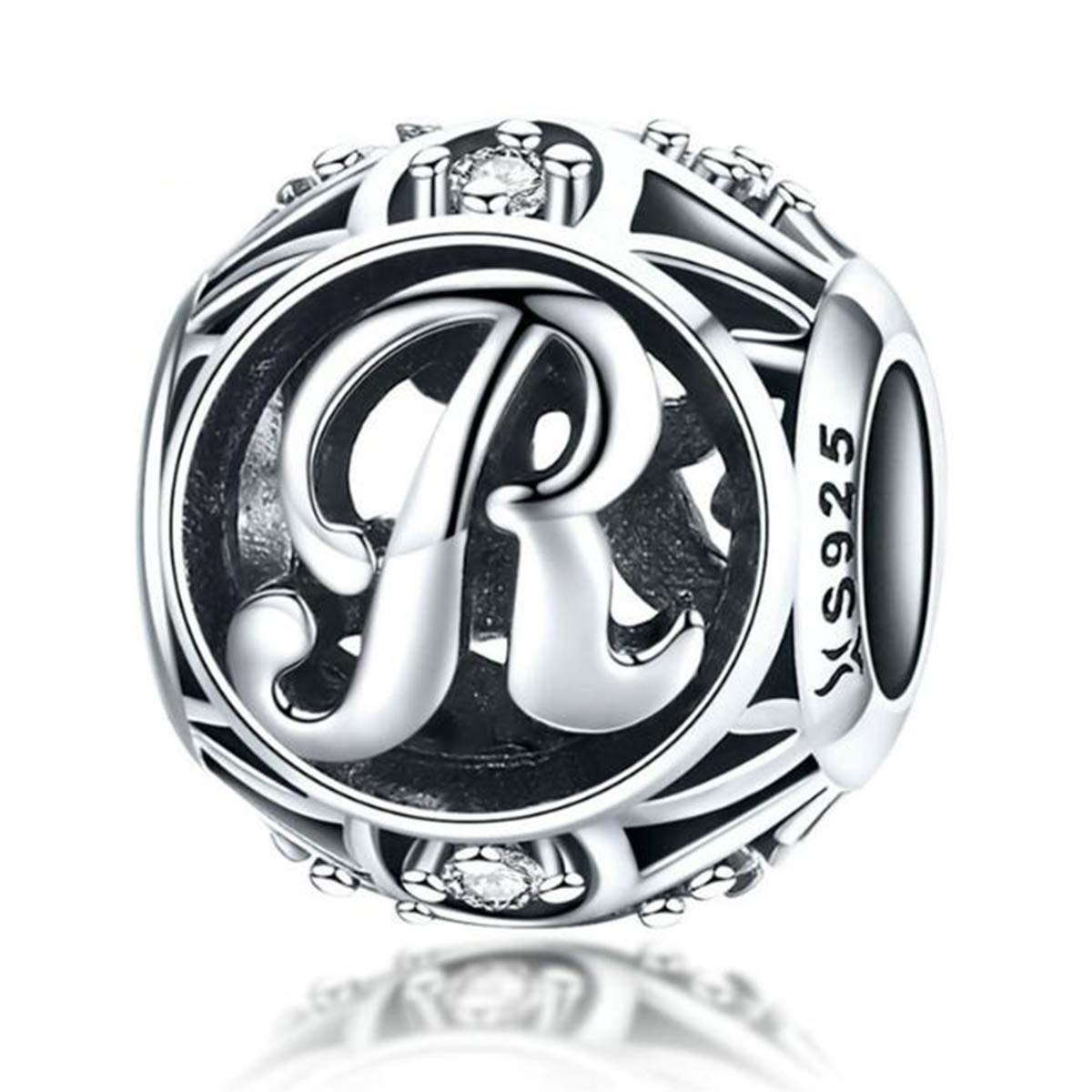 Birthday Charms Genuine 925 Sterling Silver Diy Initial A-Z Charm Alphabet Charms Letter Beads for Pandora Charms Bracelets (Letter R)
