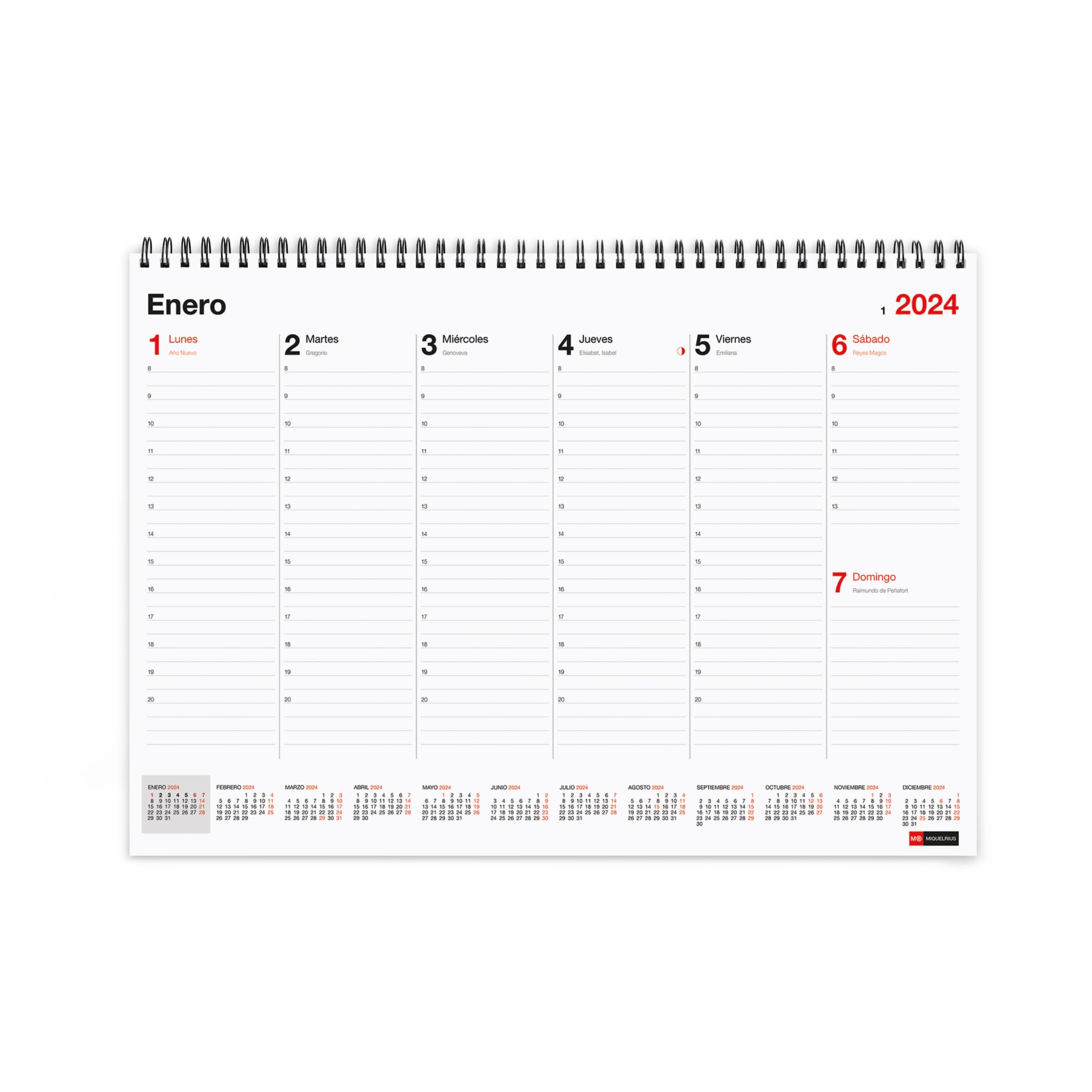 Miquelrius - Weekly Planner 2024 Basic Desktop Weekly Planner, A3 Size: 420 x 296 mm, with Space to Note, Double Spiral Binding, Spanish