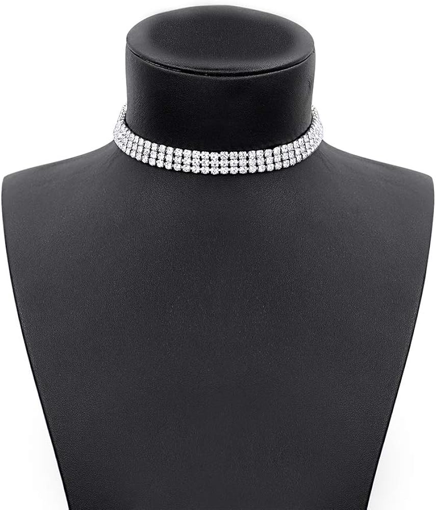 Zealmer Women 3 Row Clear Rhinestone Choker Necklace Silver Tone: Jewelry
