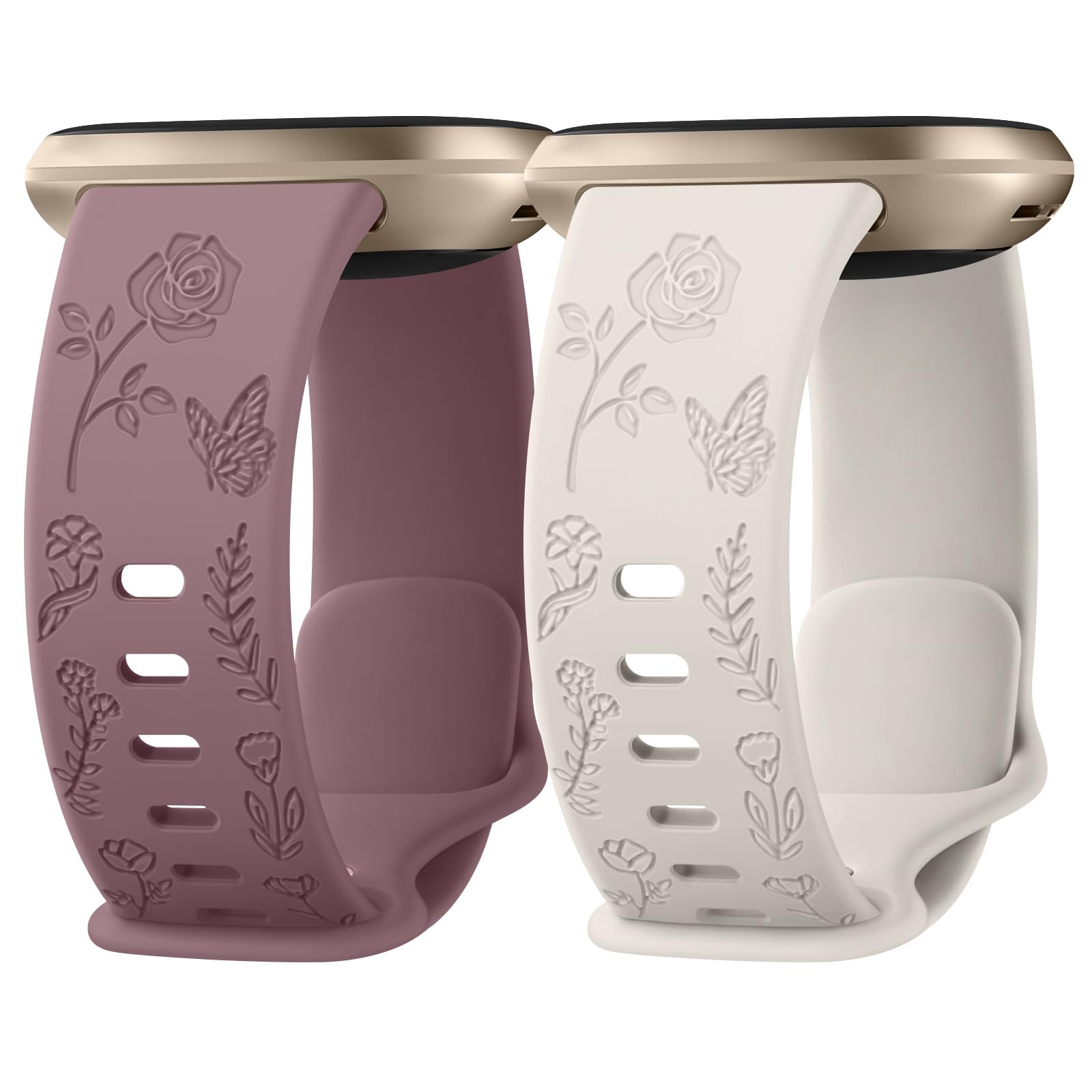 Rose Butterfly Engraved Compatible with Fitbit Versa 4/3/Sense 2 Straps - Soft Sport Replacement Band for Women
