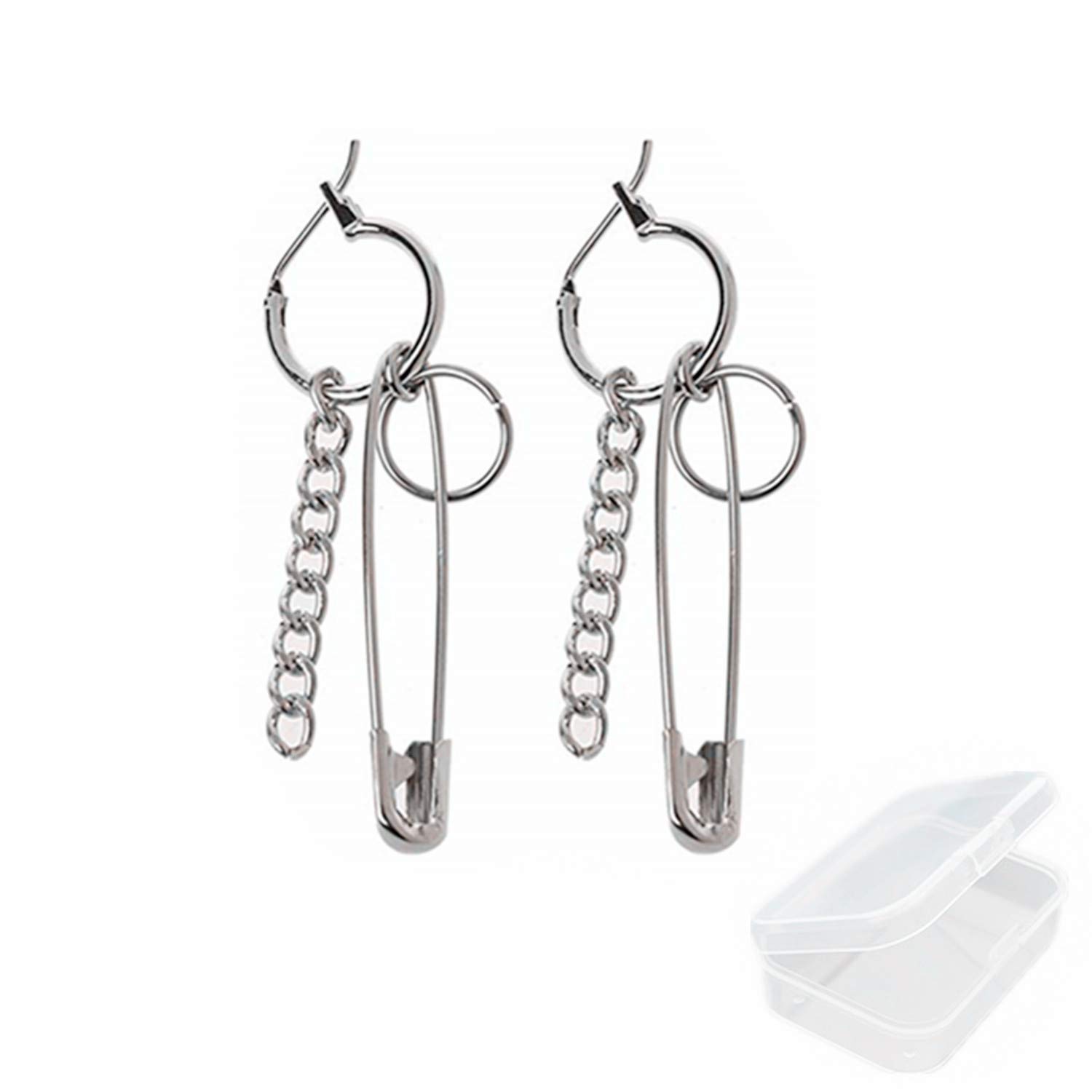 PPX 1 Pair Safety Pin Shape Geometry Long Chain Tassel B.T.S Irregular Earring with Storage Box