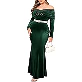 ZOMVA Plus Size Off Shoulder Velvet Dress Long Sleeve Mermaid Bodycon Maxi Evening Gown for Cocktail Party Wedding Guest