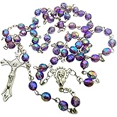 Westmon Works First Communion Purple Acrylic Bead Rosary with Metal Mary Centerpiece and Crucifix Set with Drawstring Bag and Holy Prayer Card