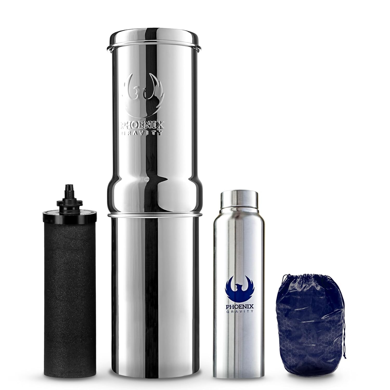 PHOENIX GRAVITY 1-Liter Gravity Water Filter System NSF/ANSI 42 & 372 Certified with 1 Smart (Black) Carbon Filter Cartridge & Water Bottle | Travel Friendly Camping, Home or Outdoor Use