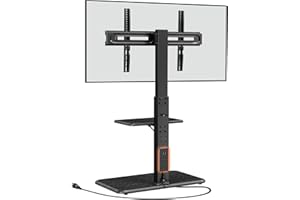 Perlegear Floor TV Stand with Power Outlet, Universal TV Stand for 32-75 inch TVs up to 110 lbs, Height Adjustable Standing TV Mount, Tall TV Mount with Wood Base, Max VESA 600x400mm, PGFS06
