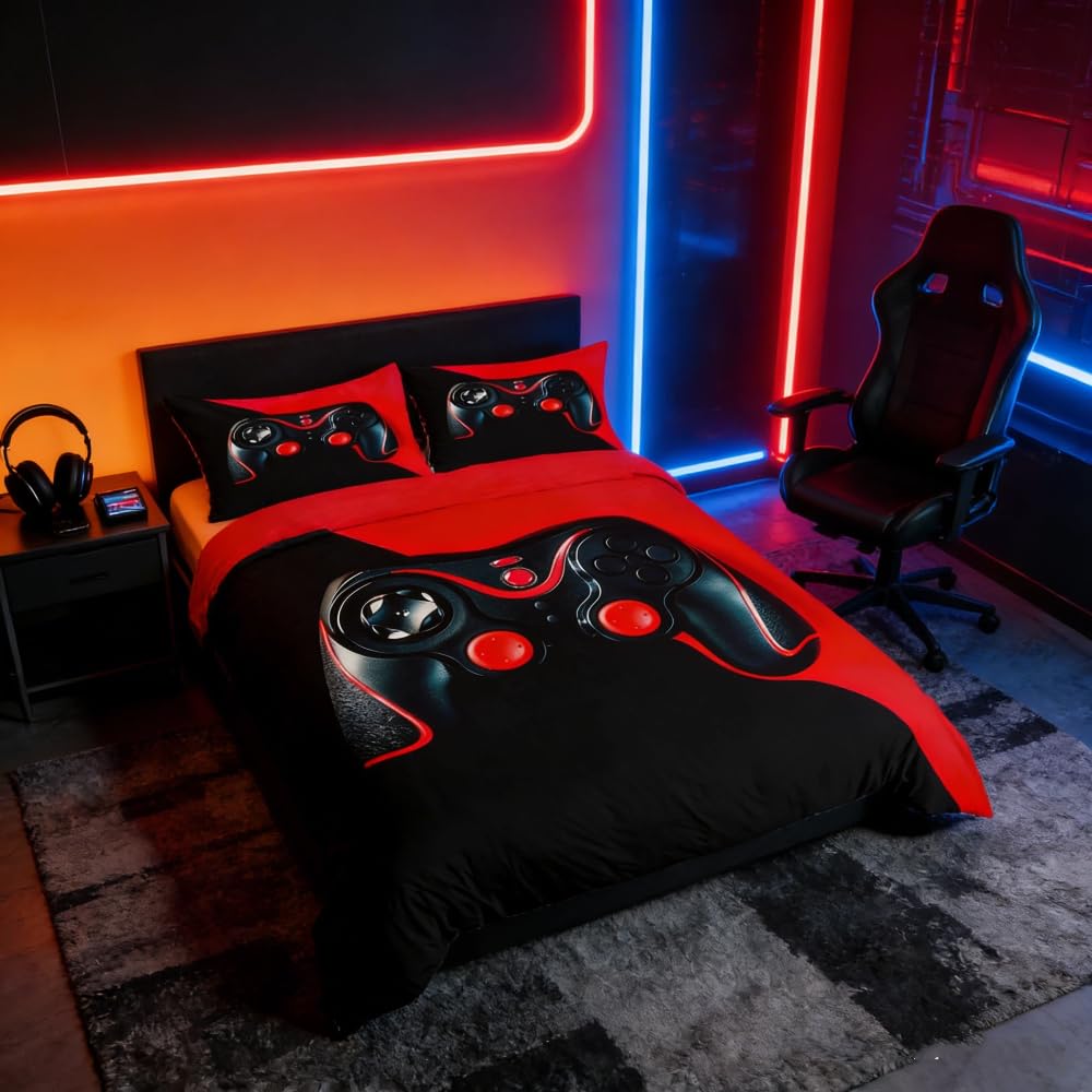Loussiesd Game Duvet Cover Boys Kids Gamepad Bedding Video Game Controller Room Decor Double Comforter Cover for Teen Girls Player Modern Gamer Console,1 Duvet Cover with 2 Pillow Cases Black Red