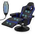 Athena Collection Massage Gaming Chair with Bluetooth Speaker Ergonomic Computer Desk Chair Swivel Office Adjustable Recliner PU Leather w/Footrest Cup Holder Side Pouch Headrest, Blue