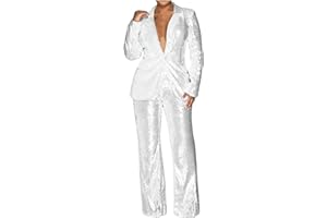 Womens Sequin Suit Blazer Two Piece Set Sparkly Slim Fit Party Outfit Formal Sequin Jacket High Waisted Pant Suit