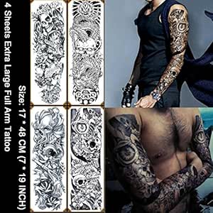 Amazon Com Kotbs 4 Sheets Large Waterproof Full Arm Tattoo Sticker Skull Rose Fake Tattoos Sleeve Temporary Tattoo Body Art For Men Women Beauty