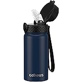 Kids Water Bottle, GOPPUS 14 Oz Stainless Steel Travel Bottle, Double Wall Vacuum Leak Proof Kids Cup for School Boys Girls, Navy Blue