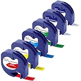 Bigger 6 Pack Compatible Label Tapes Replacement for Dymo LT100H LT100T QX50 LetraTag Refills Plastic Label Tape 16952 91331 91332 91333 91334 91335 (1/2" x 13'), 12mm x 4m