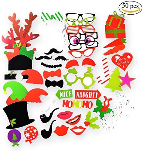 Christmas Photo Props, BearDaDa 50 Pieces DIY Kit Photo Booth Props for Xmas Party Supplies, New Year's Eve Decorations Art Crafts for Kids and Adults