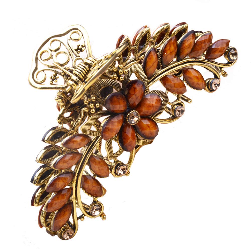Women Lady Retro Flowers Alloy No-Slip Hair Claw Clip Hair Clamp Large Rhinestone Hair Grip Hair Pin Jaw Clip (Brown)