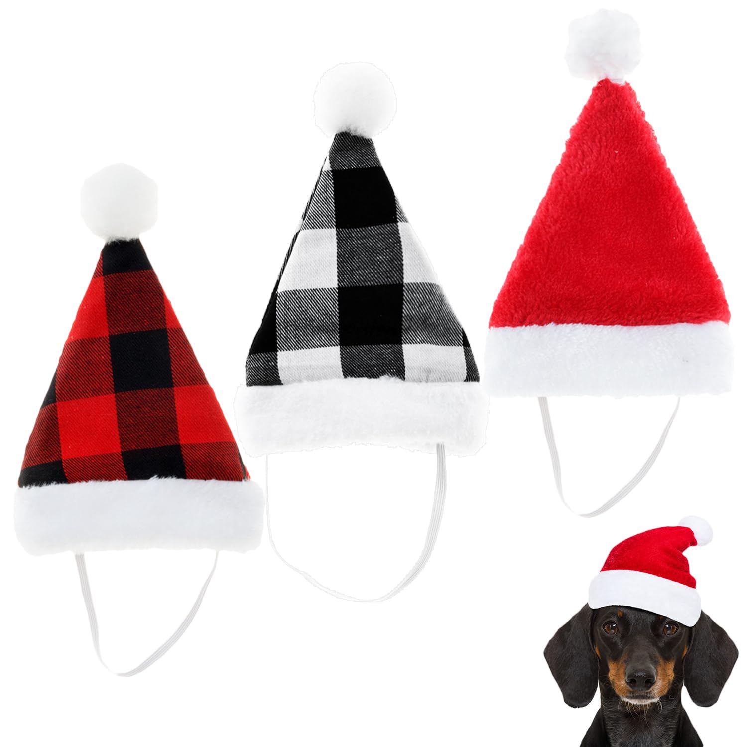 Bohue 3pcs Pet Christmas Santa Hat Adjustable Christmas Pet Costumes Pet Cat Buffalo Plaid Christmas Santa Hat Dog Christmas Outfit for Dog Cat Rabbit