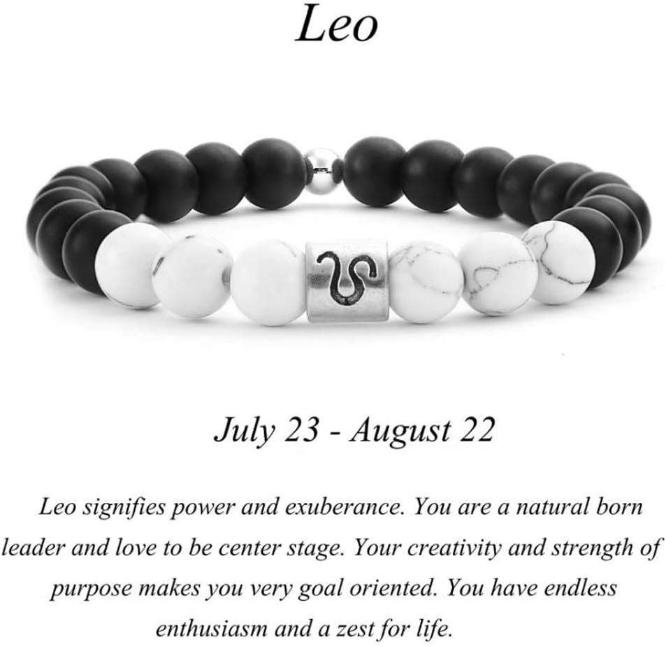 Constellation beads Bracelet lava stone Beaded Bracelet, Signs 8Mm Matte Stone Blue Beads Bracelets Vintage Constellation Horoscope Elastic Bracelets Jewelry for Mens Women (Leo)