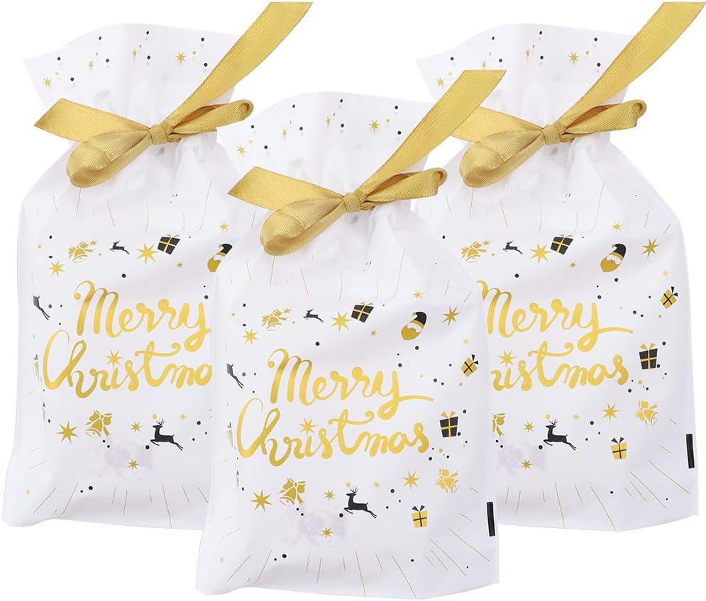 Gold Merry Christmas 50 Pcs Xmas Tree Gift Wrapping Bags