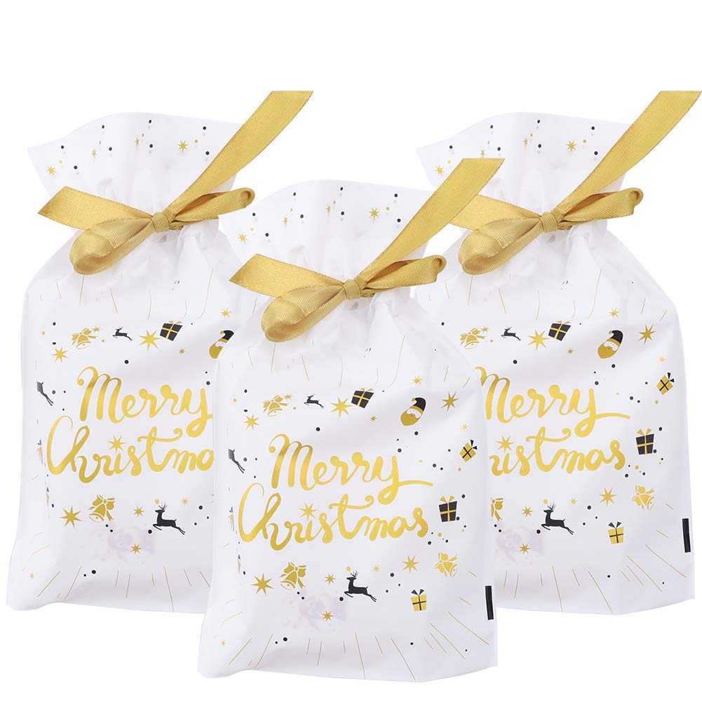 Gold Merry Christmas 50 Pcs Xmas Tree Gift Wrapping Bags - Present Package Bags Plastic Sweet Treat Goody Chocolate Bags for Wedding Anniversary Party