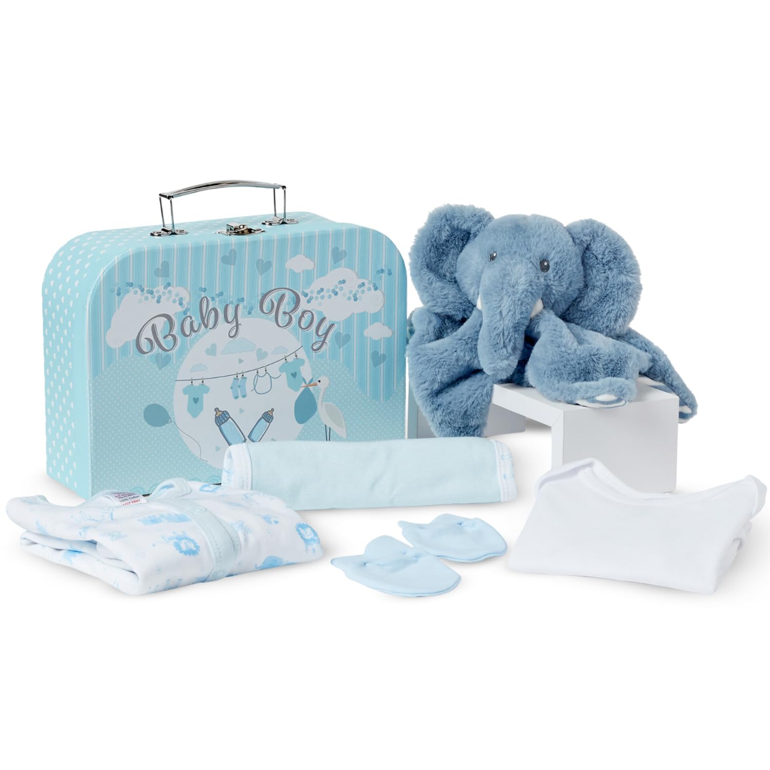 Baby Box Shop Baby Boy Gift Hamper Newborn Essentials Set - Cute Blue Keepsake Case Includes Elephant Comforter, Sleepsuit, Bodysuit, Bib, Mittens Ideal for Baby Shower and Christening Gifts