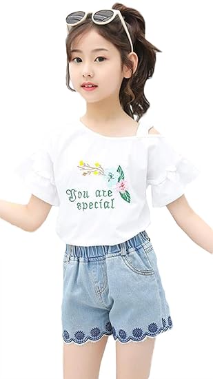Amazon ミリケ 夏 半袖 女の子 Tシャツ ショートパンツ 上下 2点セット 子供服 セットアップ デニムショーツ プリント オフショルダー ジュニア Tシャツ カットソー 通販