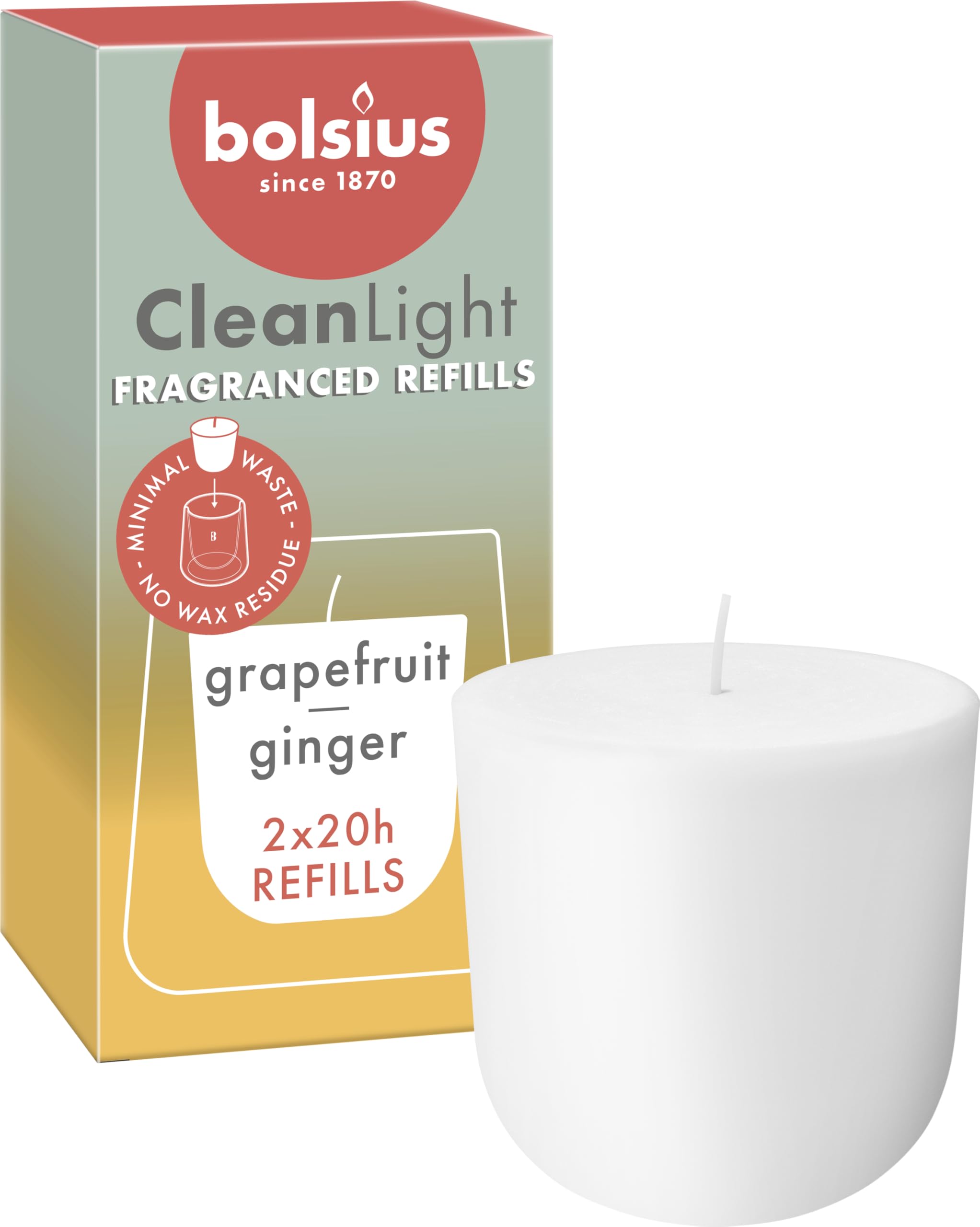 Bolsius – CleanLight Refill – Refillable Scented Candle – Grapefruit & Ginger – Refills Only – 2 pcs – 20-Hour Burn Time – Contains Natural Plant-Based Wax – Sustainable Concept — image 1