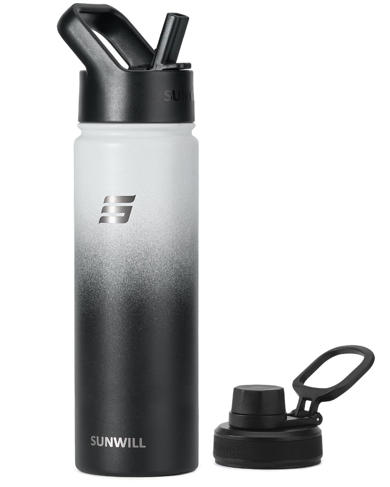 SUNWILL Stainless Steel Water Bottle with Straw, 650ml Insulated Water Bottle Metal, Leakproof Water Flask for Gym & Travel, Gradiant Black White
