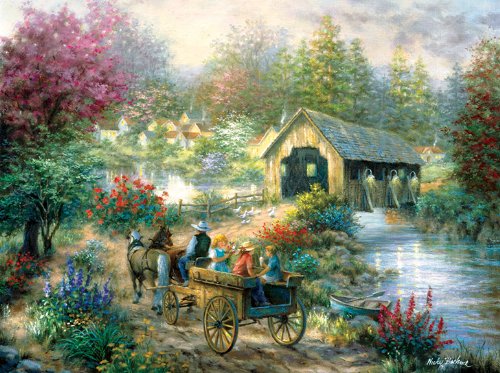 Merriment at the Covered Bridge 1000 pc Jigsaw Puzzle, Road to the Covered Bridge, Covered Bridge to Town