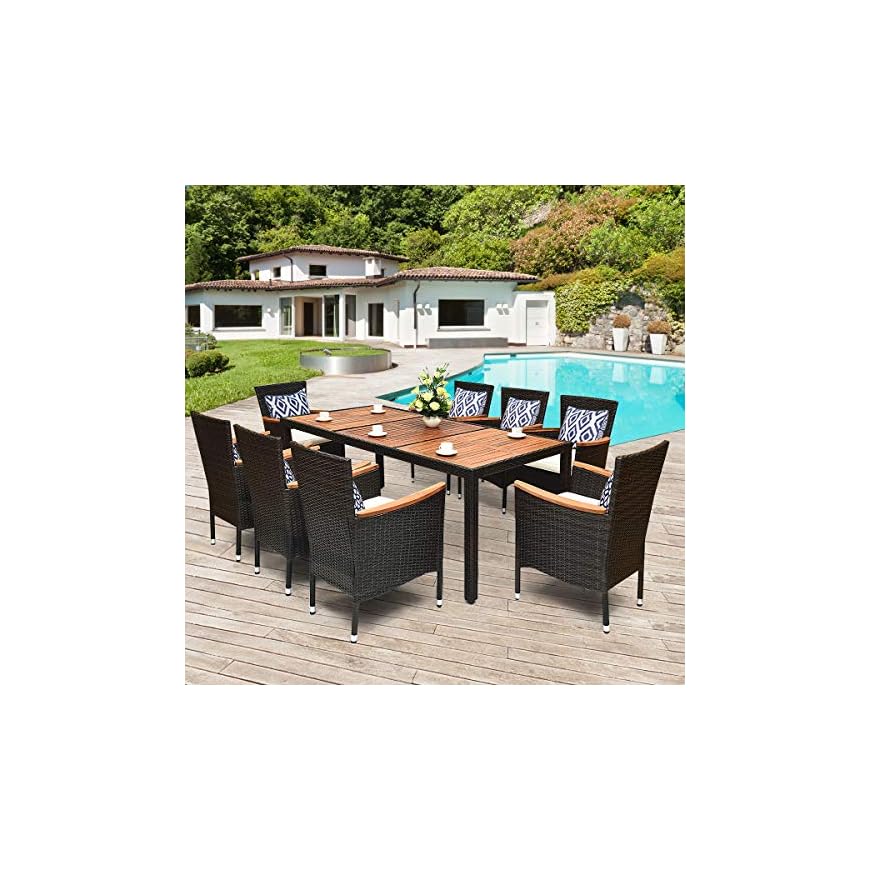 Tangkula 9 Piece Outdoor Dining Set, Garden Patio Wicker Set w/Cushions