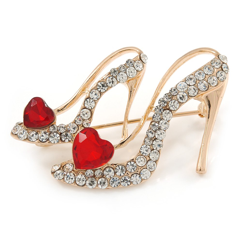 Gold Tone Clear/Red Crystal High Heel Shoe Brooch - 40mm