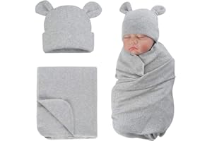 PESAAT Cotton Baby Swaddle Hat Set Newborn Infant Hats Receiving Blankets for Baby Boys Girls