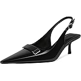 Younton Women's Pointed Toe Slingback Heels Metal Buckle Ankle Strap Kitten Low Heel Pumps 2 Inch Stylish Retro Women Shoes