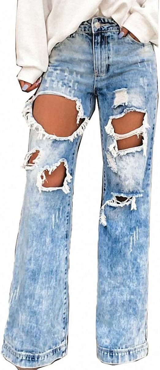 Women Ripped Bell Bottom Flared Destroyed Jean Jeans Elastic Waist