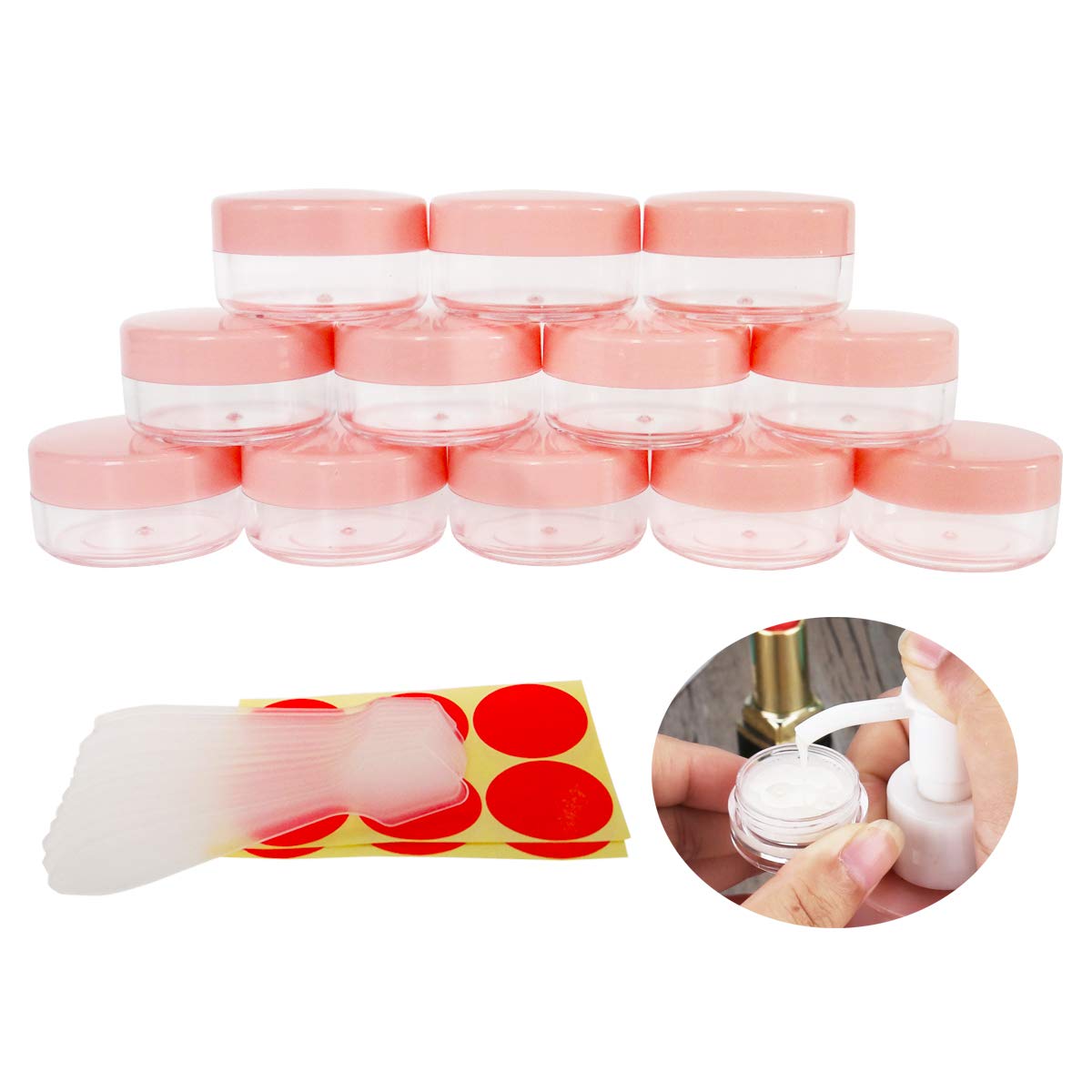 Wopanxye 12pack 10 Gram 10ml Jars, Small Cosmetic Sample Empty Container, Plastic Round Pot Pink Screw Cap Lid, Tiny 10g Bottle for Makeup, Eye Shadow, Nails, Powder, Jewelry, Free 12pcs Spatulas