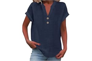 FLOLEO Linen Shirts for Women V Neck Button Down Blouse Short Sleeve Office Work Tops Vintage Vacation Tees Shirt Blouse Tops