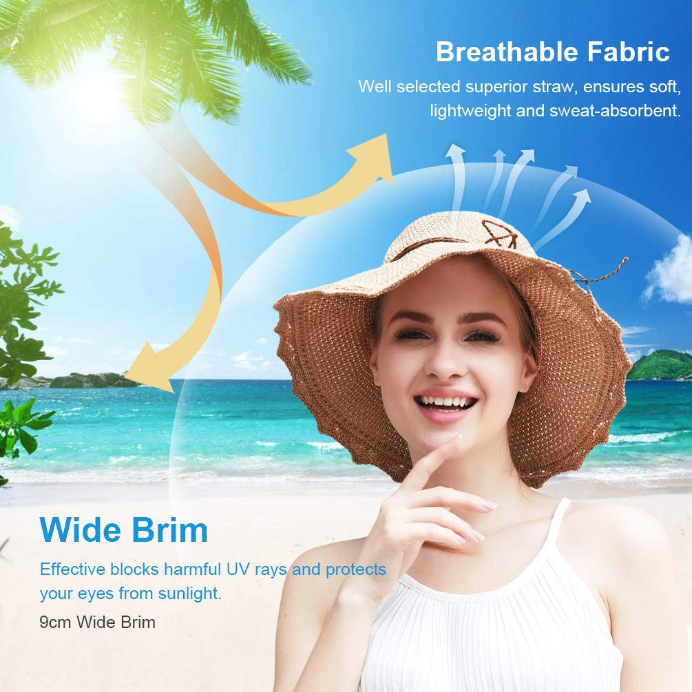 VBIGER Capeline de Paille Femme Chapeau de Soleil Pliable à Bord Large Fille Casquette Visière Anti-UV pour Plage Voyage Vacances