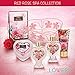 Birthday Gifts From Daughter & Son - Home Spa Gift Basket for Women, Red Rose Scent - Luxury Bath & Body Set with Shower Gel, Bubble Bath, Body Lotion, Bath Salt, Shower Puff and Wired Heart Basket