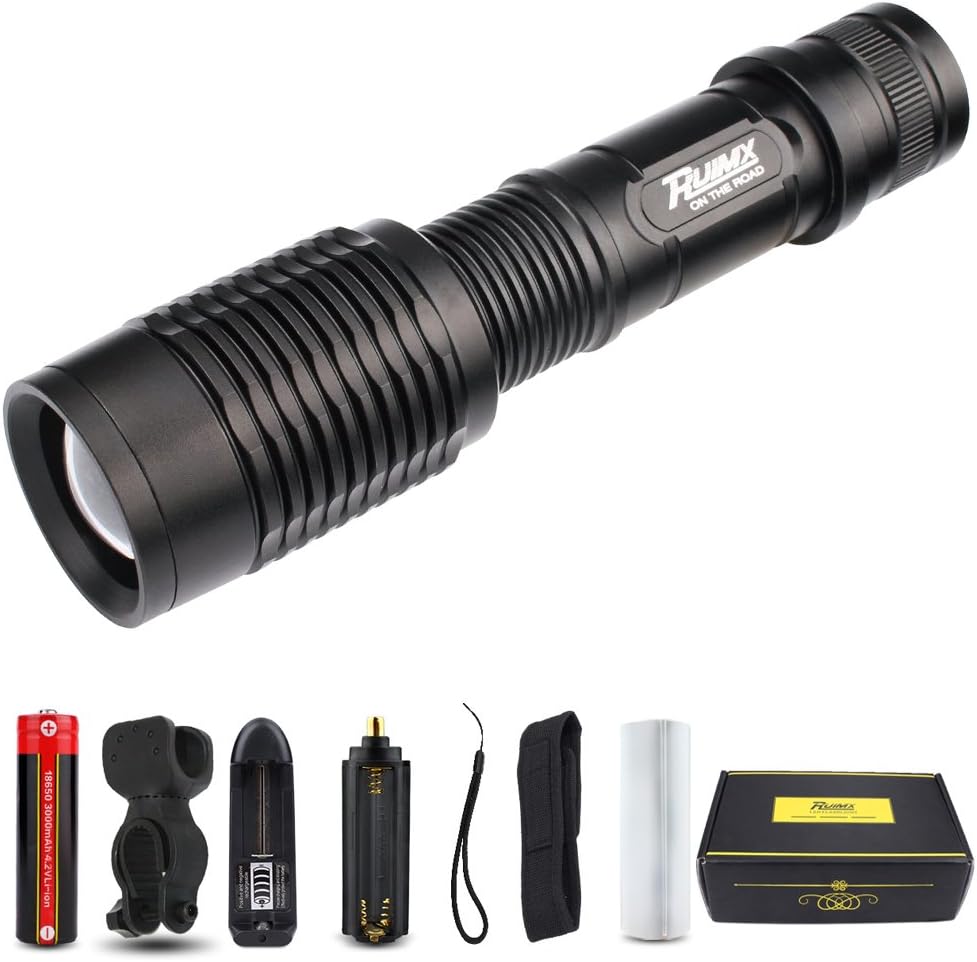 RUIMX GE7 High Powered Waterproof Flashlight Portable LED Tactical Flashlight with Adjustable Focus Zoom and Rechargeable 18650 Battery + Bike Mount + Holster