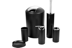 ZUVO Bathroom Accessories Set 6 Piece - Trash Can, Toothbrush Holder, Toothbrush Cup, Soap Dispenser, Soap Dish, Toilet Brush Holder - Modern Bathroom Decor Set (Black)
