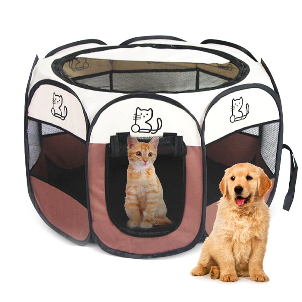 Folding Pet Playpen 74 x 74 x 43 cm – EUBSWA Playpen Ideal for Dogs, Cats, Small Animals, Indoor and Outdoor (Brown) — image 1