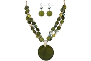 Xalroco Layered Beads Statement Fashion Necklace Chunky Jewelry Set Big Colorful Glass Stone Circle Shell Pendant Choker Necklace and Earring Set for Women