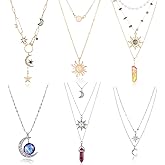 Quelay 6 Pcs Sun and Moon Pendant Necklace Set Gothic Bohemia Layered Crystal Jewelry Charm Boho Necklace Gift