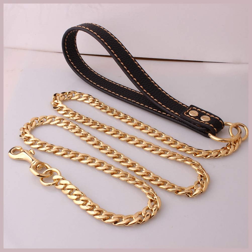 POPETPOP Dog Leash Golden Metal Long Gold Stainless Steel Chew Proof Indestructible Cool Leash Chain Link for Pet Durable with Leather Handle - Image 3