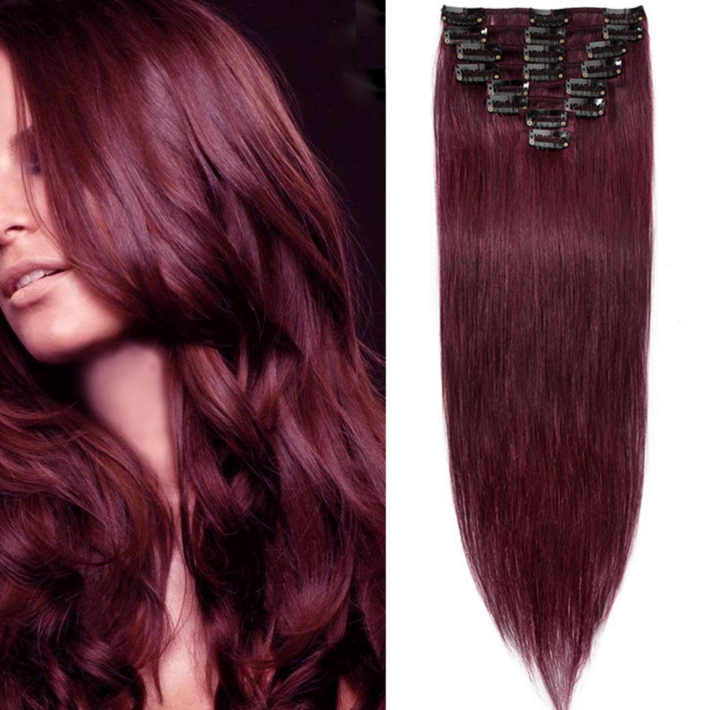 10 inch Real Hair Clip in Hair Extensions 100% Remy - #99J Wine Red - 8pcs 18 Clips Full Head Normal Weft Hair Pieces for Women Straight (50g) — image 1
