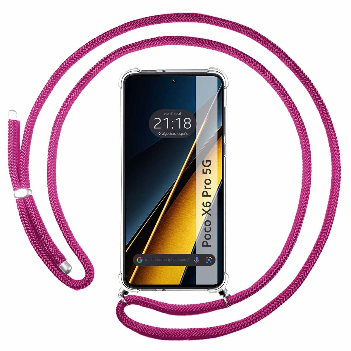 Tumundosmartphone Transparent Pendant Case for Xiaomi Poco X6 Pro 5G with Fuchsia Pink Cord